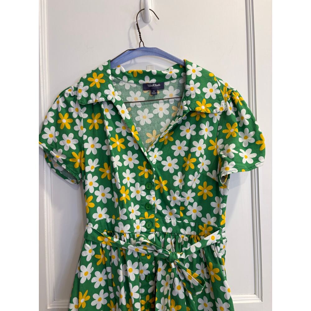 Modcloth Size Small Summer School Cool Green White Yellow Daisy Dress Retro - Picture 4 of 6